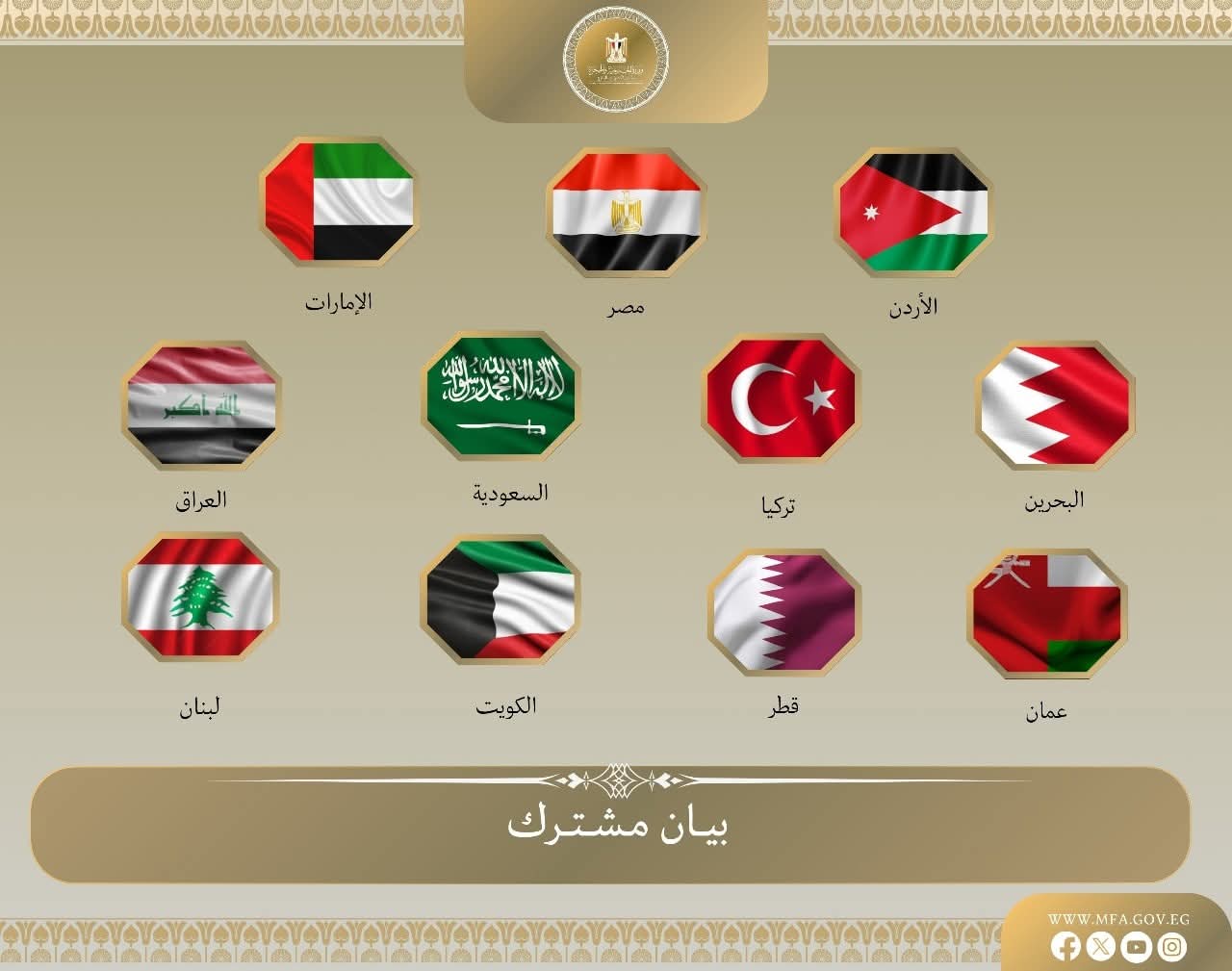 بيان وزراء خارجية مصر و10دول يدعم أمن واستقرار سوريا